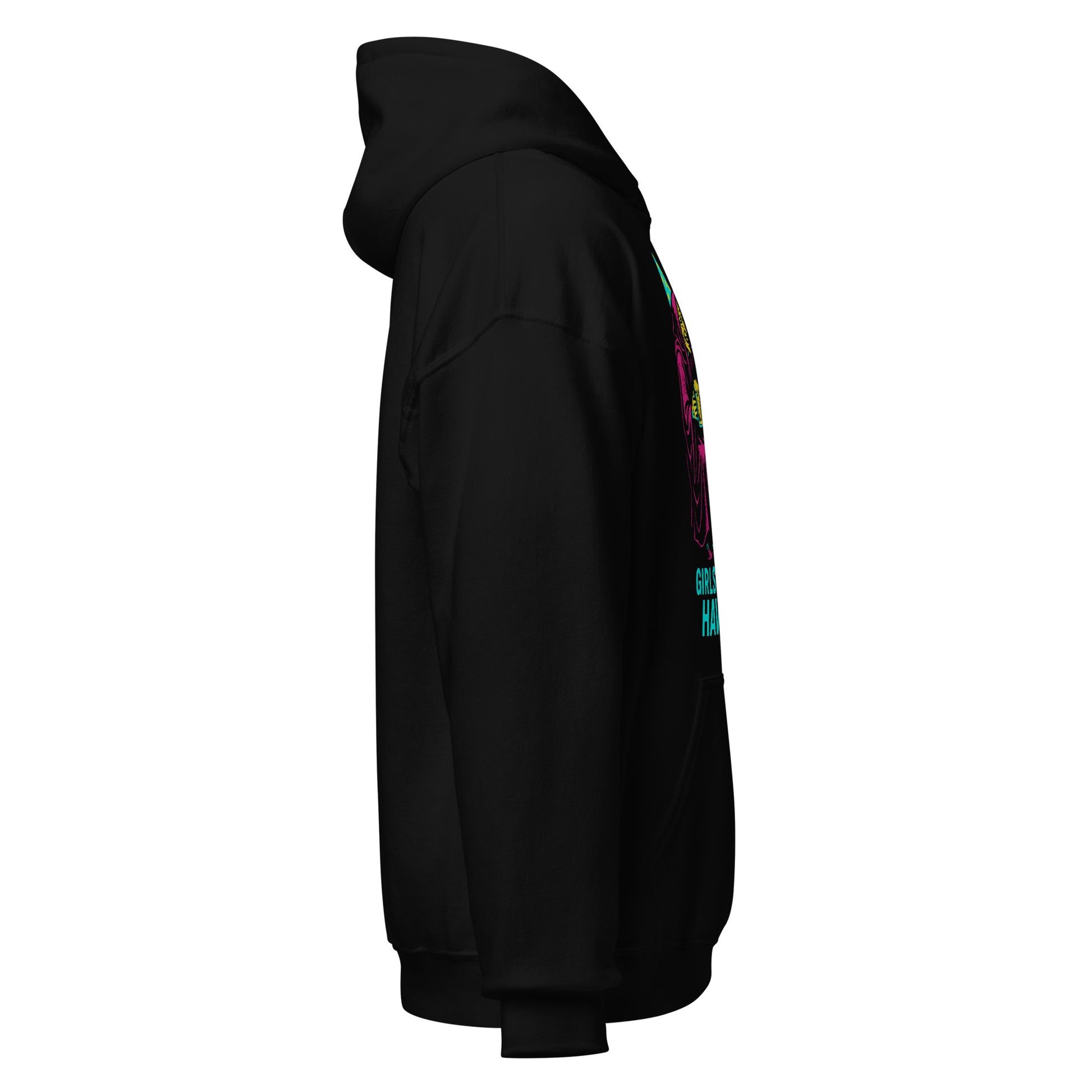 Right side view of black hoodie showing sleeve curve and a partial view of the vibrant witch artwork and slogan.