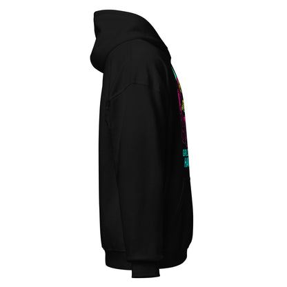 Right side view of black hoodie showing sleeve curve and a partial view of the vibrant witch artwork and slogan.