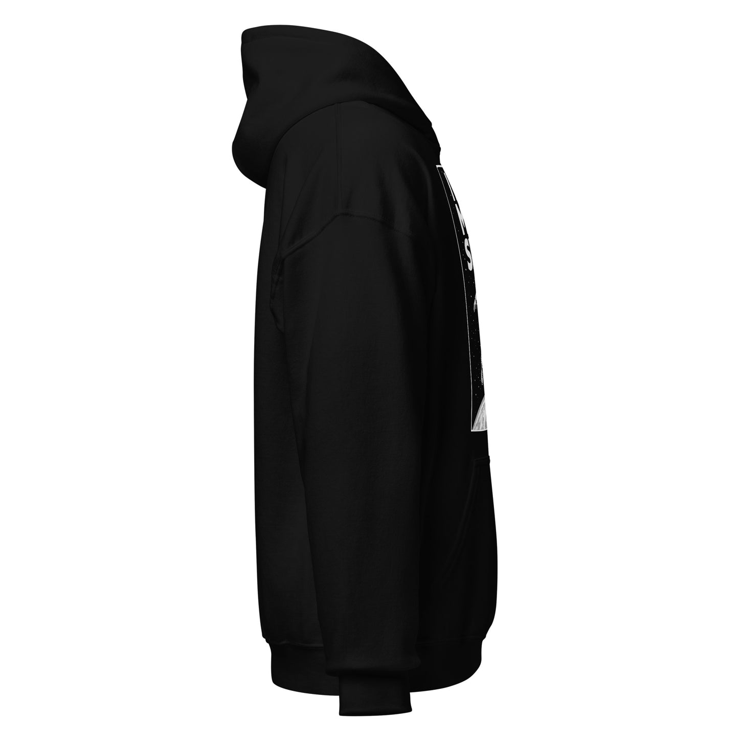 Right side view black hoodie showing astronaut graphic alignment