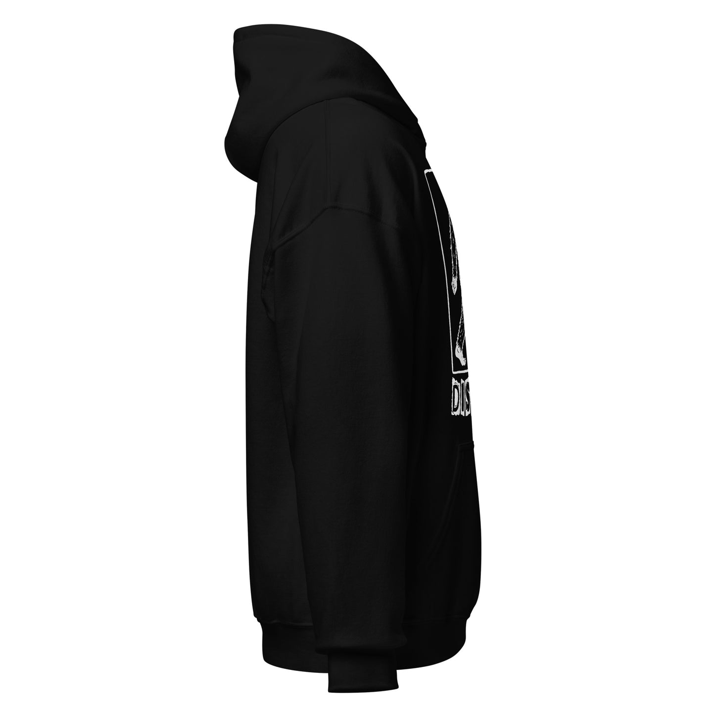 Black hoodie with a logo on the sleeve against a white background