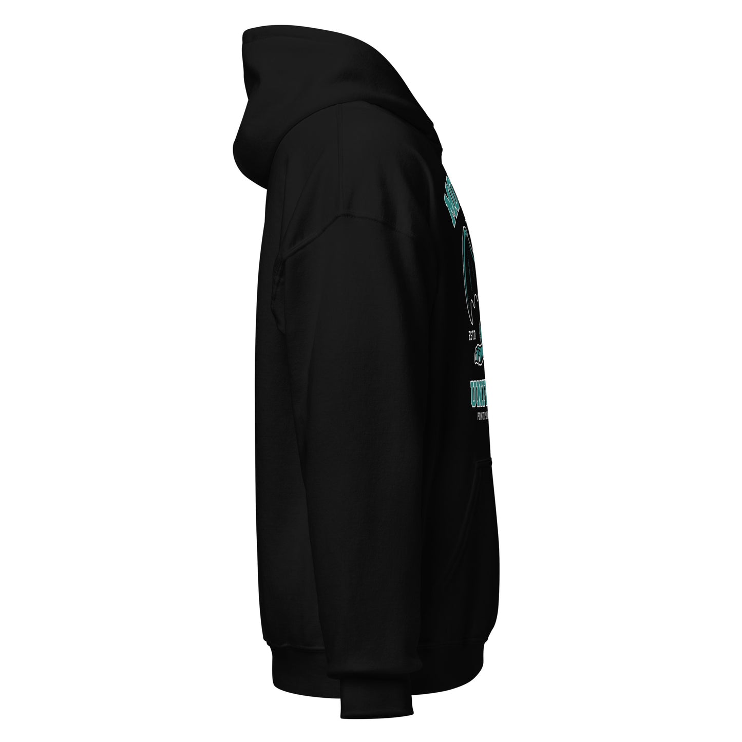 Black cryptid hoodie against a white background