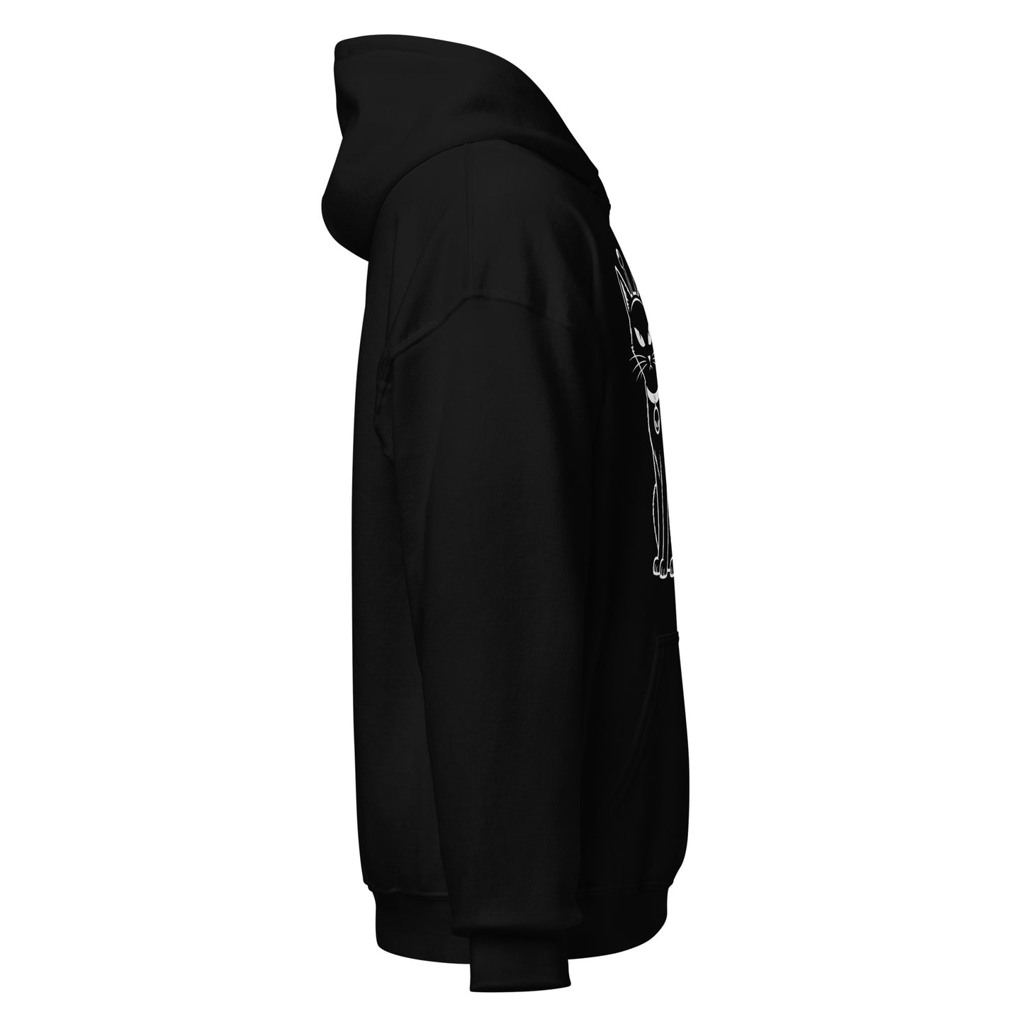Right side view of the black UFO cat hooded sweatshirt showing sleeve and hood