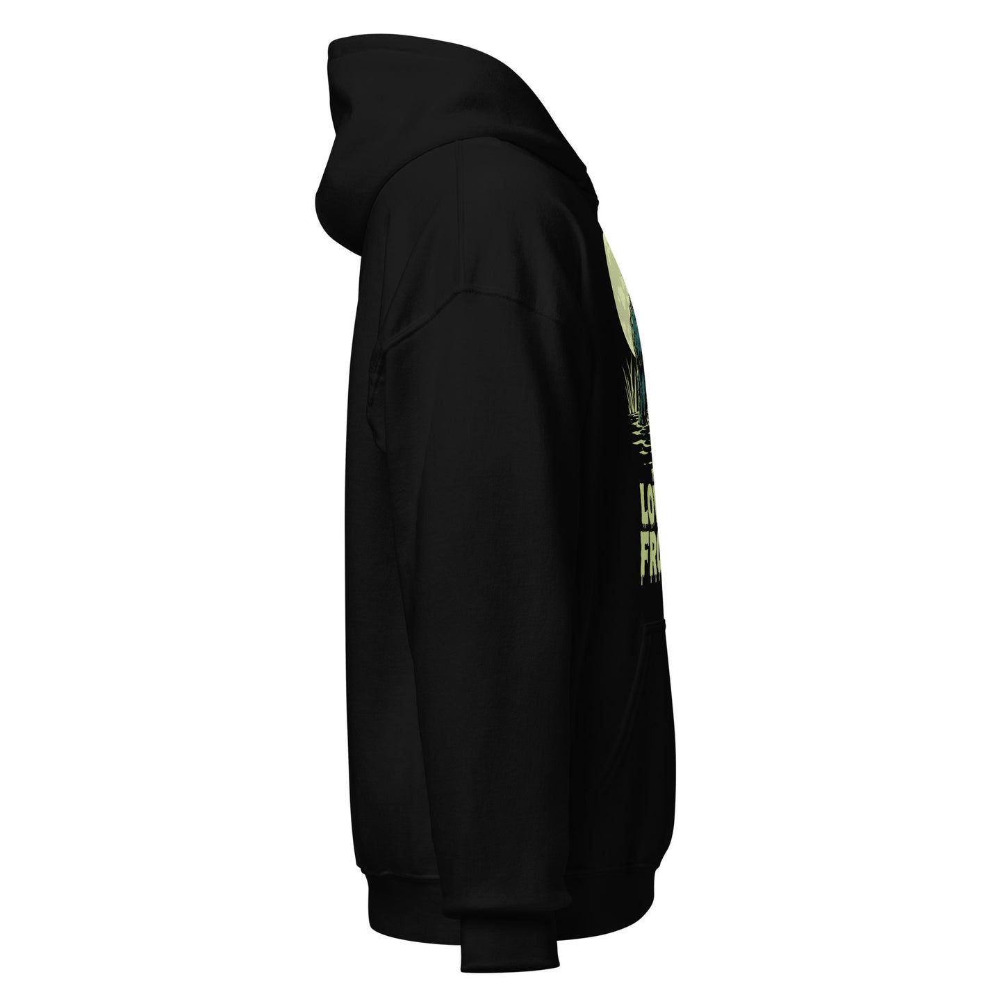 Right side view of the black Ohio cryptid Loveland Frogman hoodie with sleeve and hood