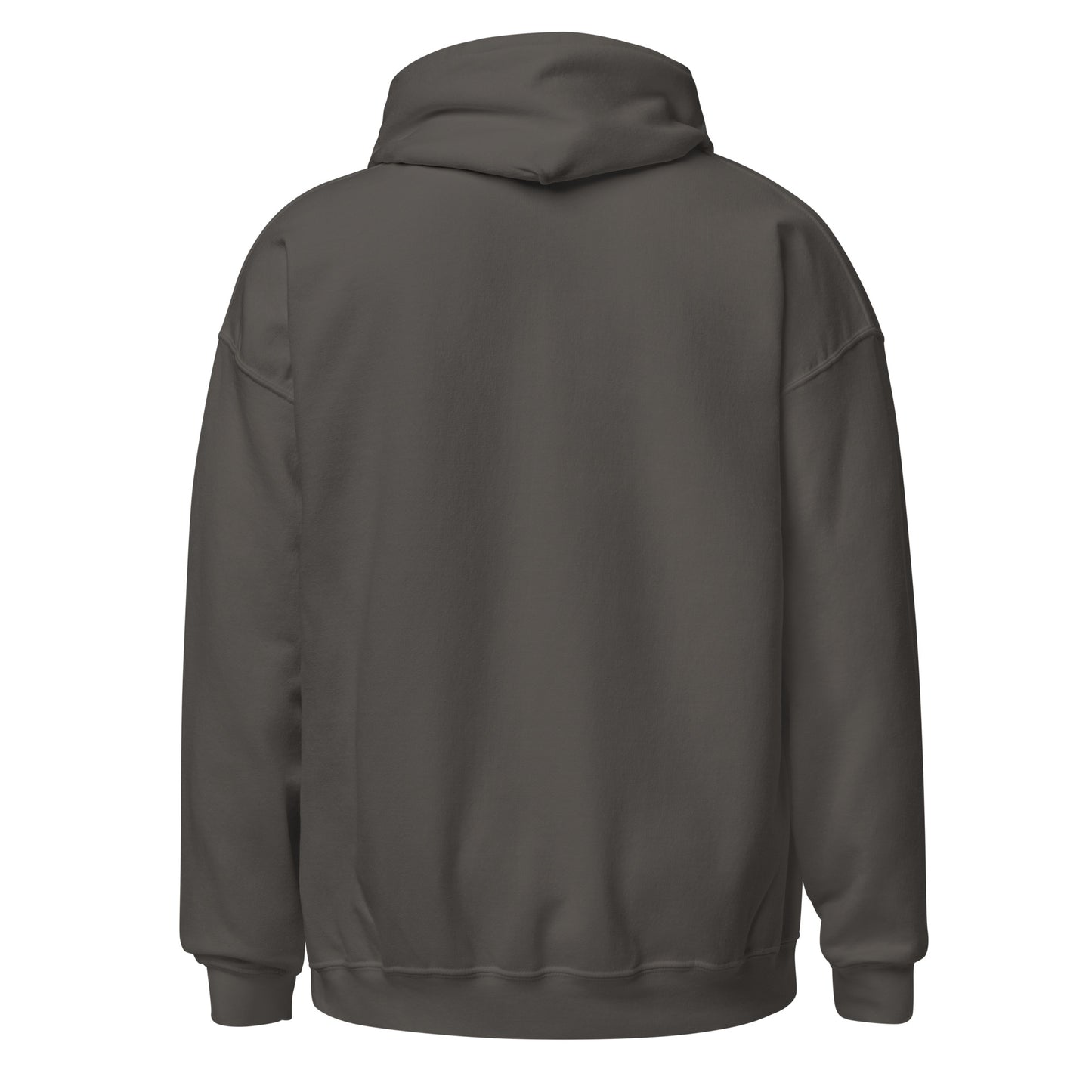 Back of charcoal grey hoodie showing plain fabric and hood shape.