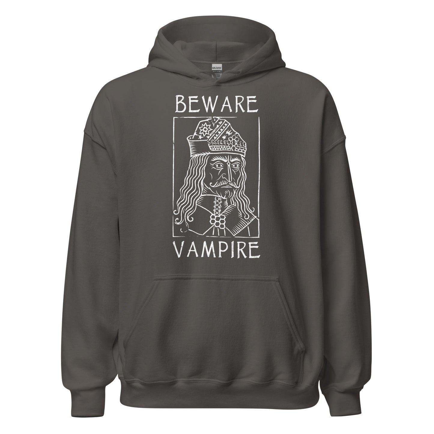 Charcoal hoodie with white Beware Vampire Vlad medieval artwork in gothic style, By Strange and Twisted