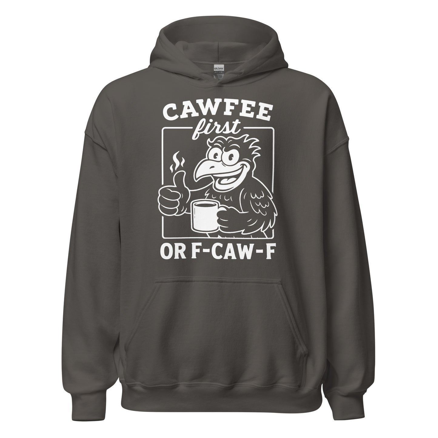 Charcoal grey hoodie featuring a bold raven coffee illustration with Cawfee First text.