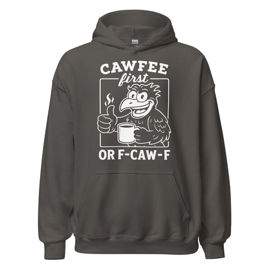 Charcoal grey hoodie featuring a bold raven coffee illustration with Cawfee First text.
