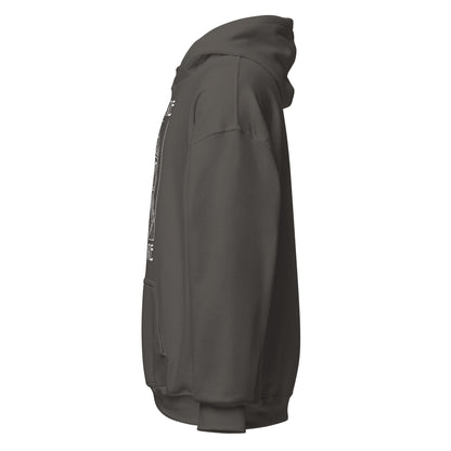 Left side of charcoal hoodie showing sleeve and medieval illustration placement, By Strange and Twisted