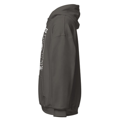 Left side view of charcoal grey hoodie showing sleeve and part of the raven artwork.