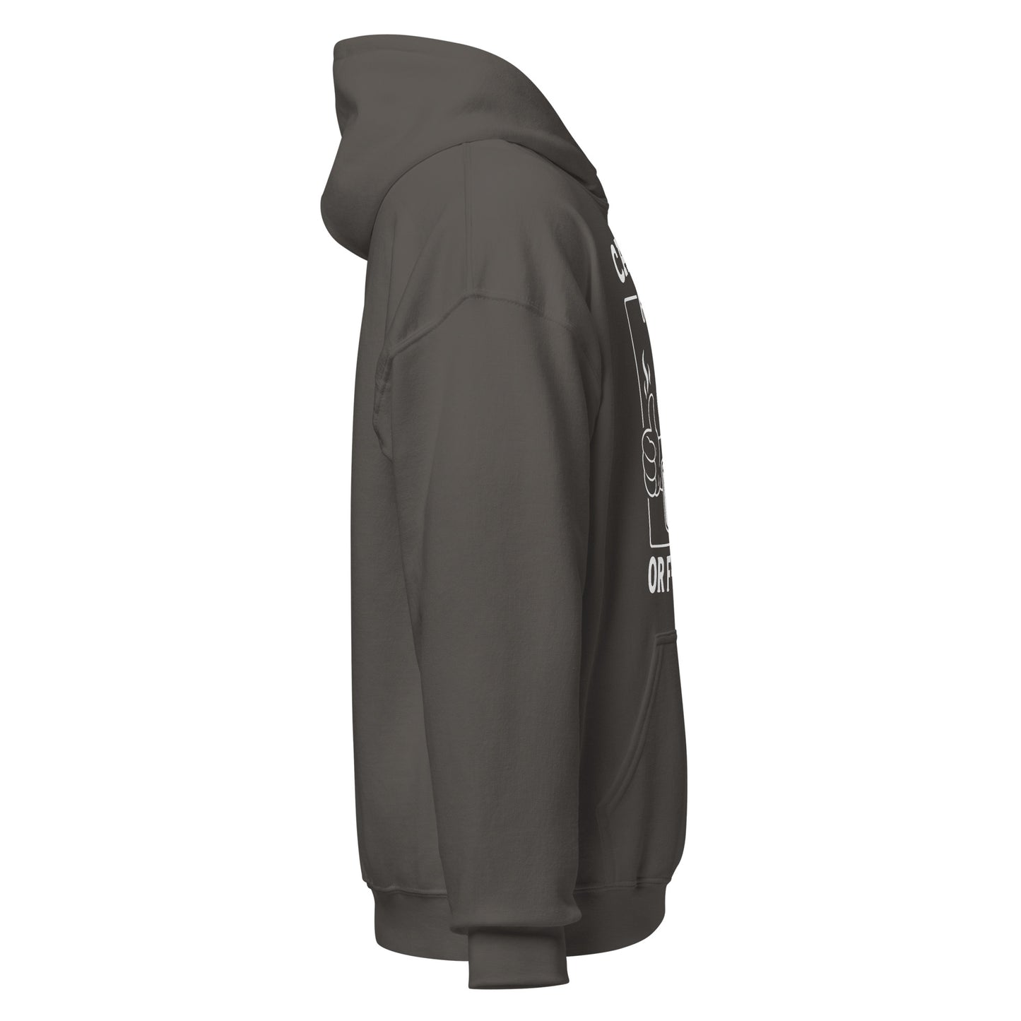 Right side view of charcoal grey hoodie highlighting side profile and graphic edge.