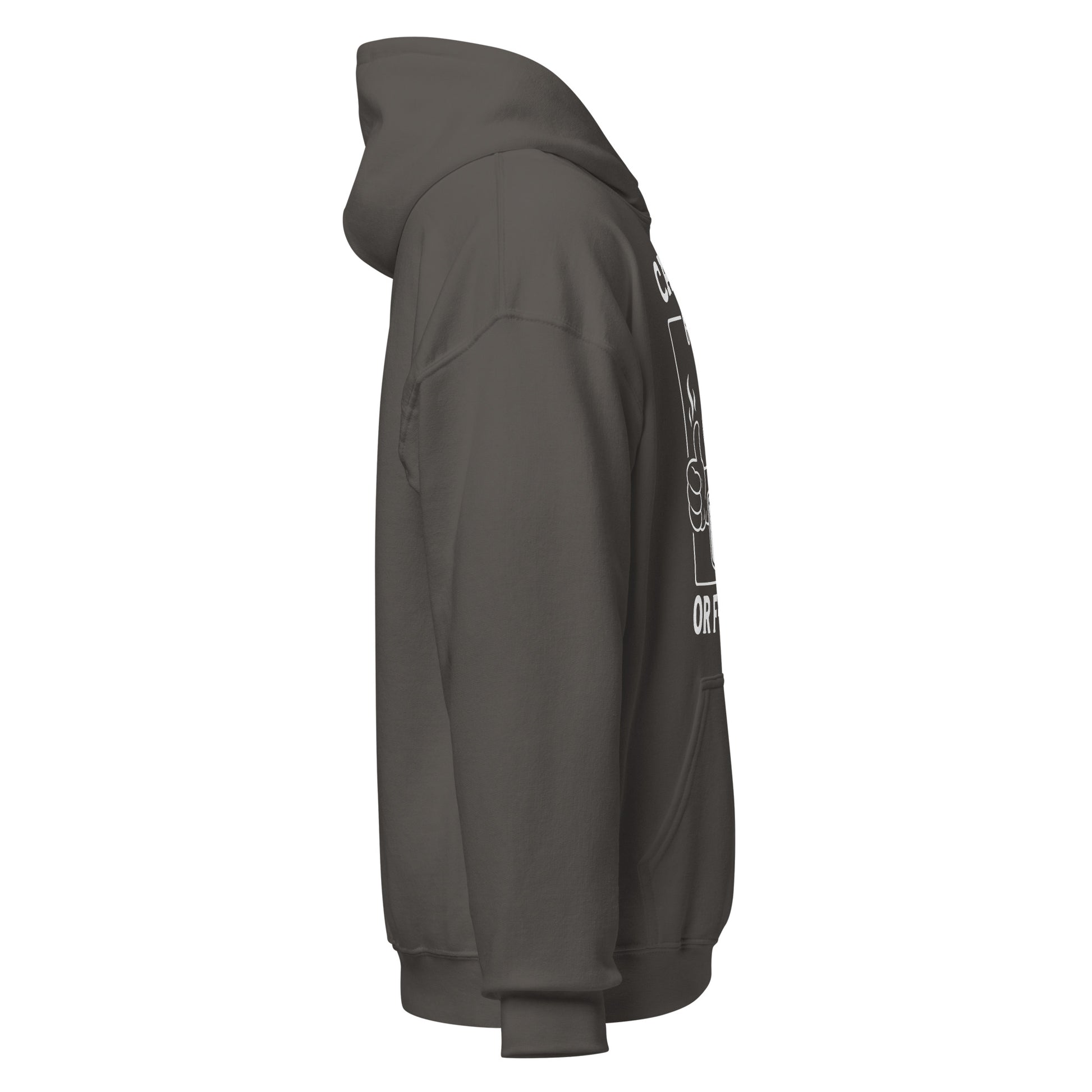 Right side view of charcoal grey hoodie highlighting side profile and graphic edge.