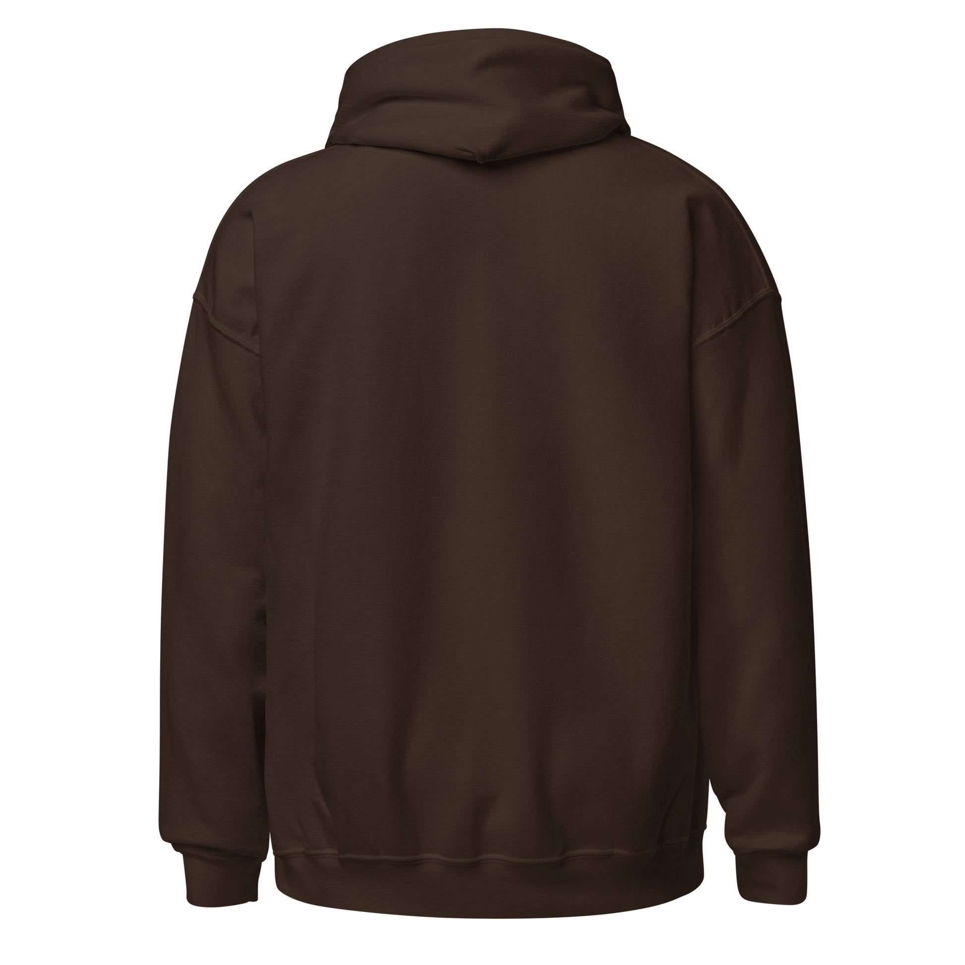 Chocolate brown hoodie back view showing solid colour with no design