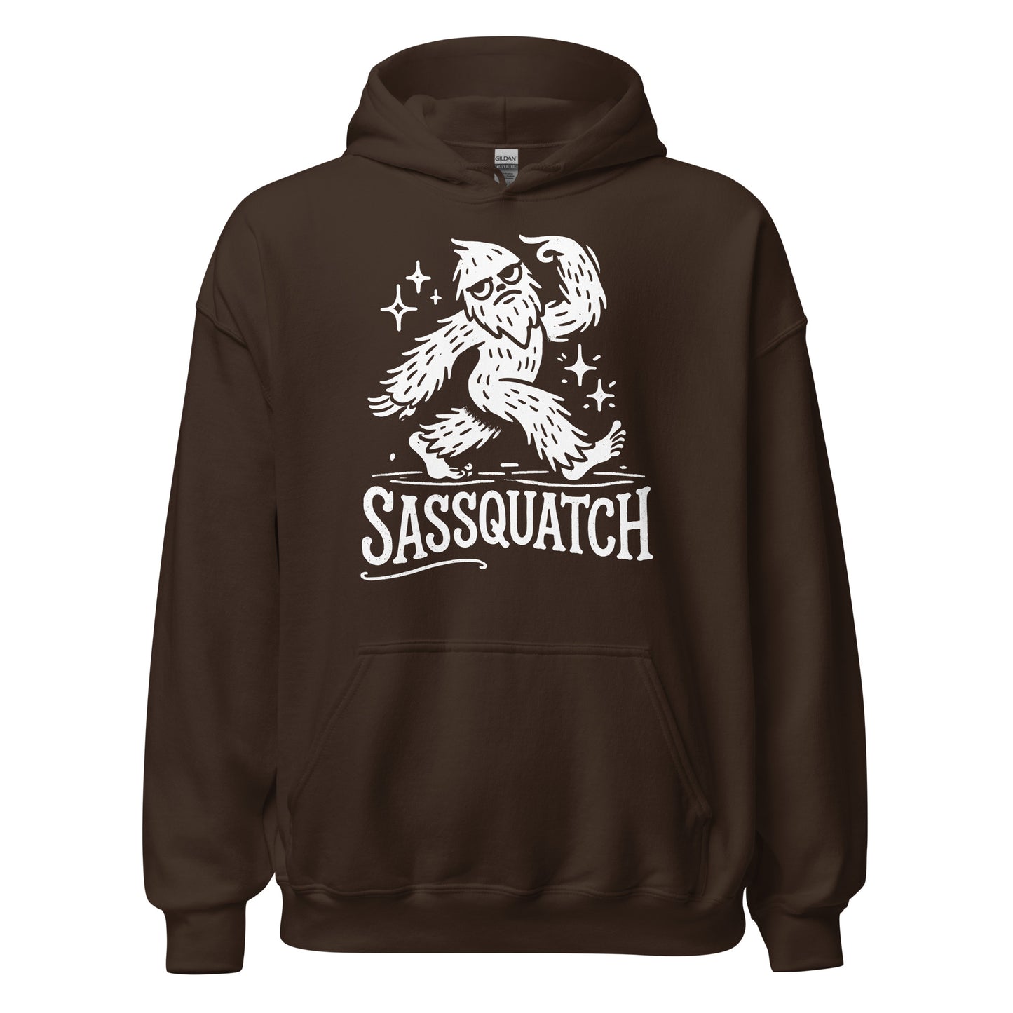 Dark chocolate hoodie featuring a bold white Sasquatch cartoon with sparkles and distressed Sassquatch text.