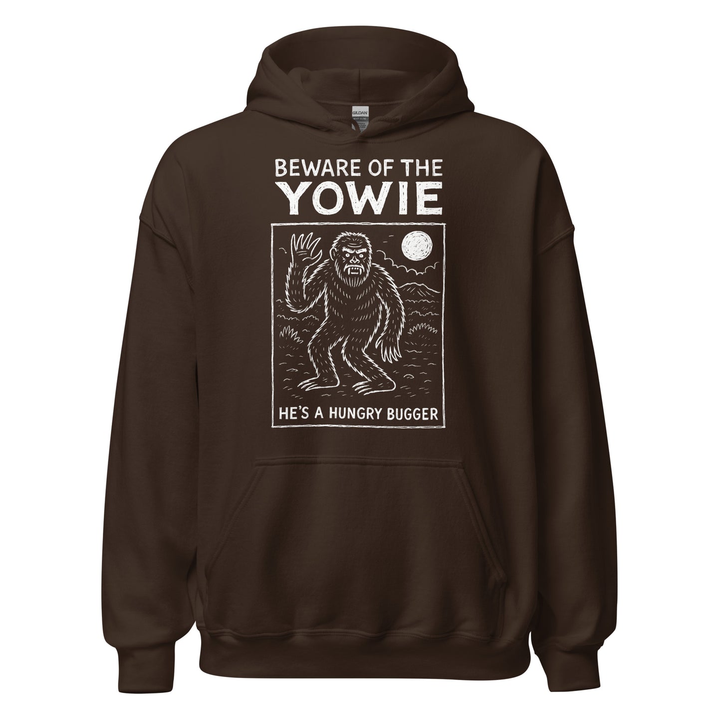 Chocolate brown hoodie front view with high contrast Yowie illustration 