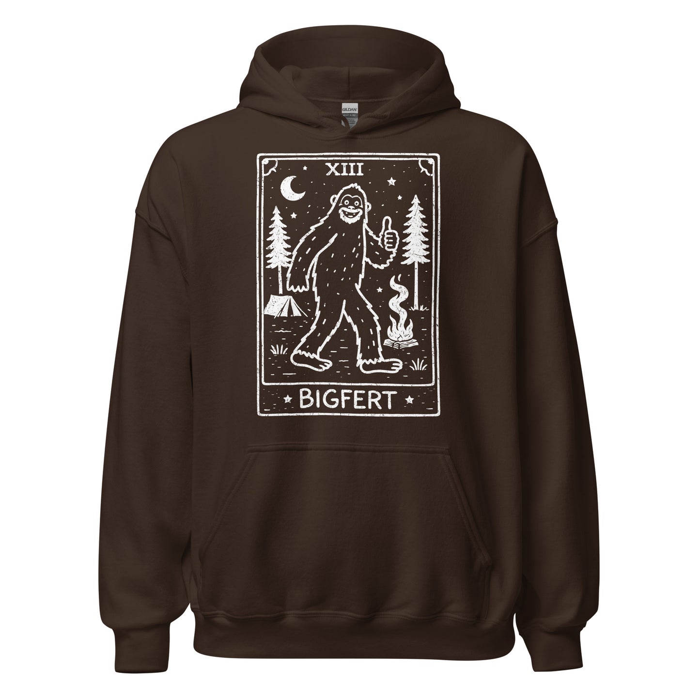 Brown hoodie with a graphic of a Sasquatch and text "Bigfert"on a white background