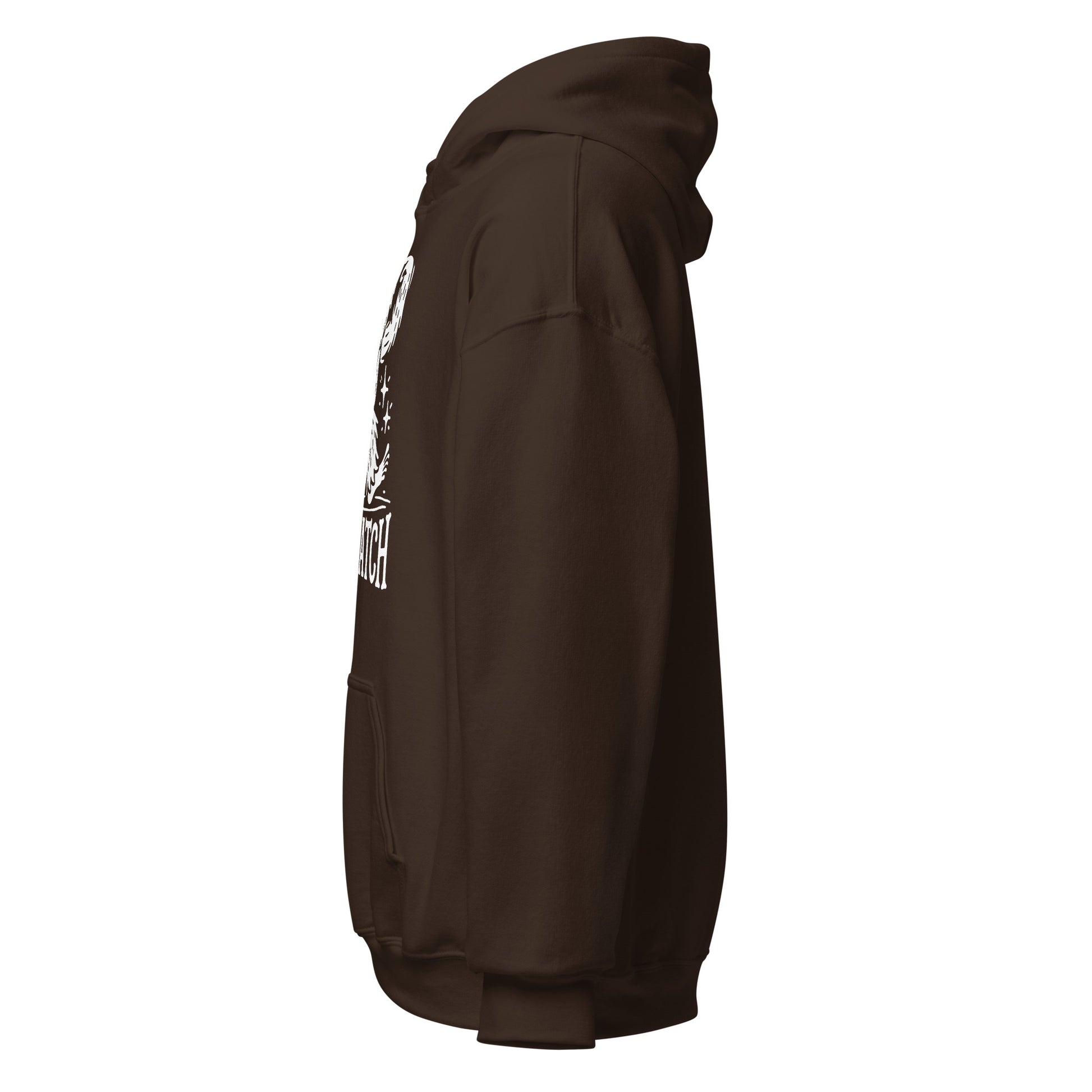Left side view of dark chocolate hoodie showing sleeve detail and part of the Bigfoot artwork.
