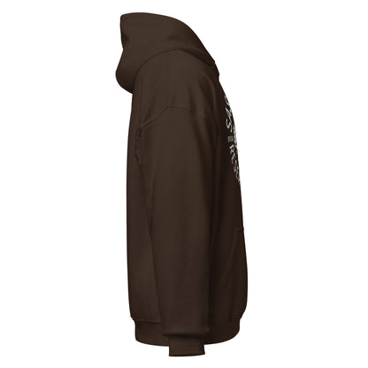 Dark chocolate brown hoodie right profile with clean side view and edge of chest graphic, By Strange & Twisted