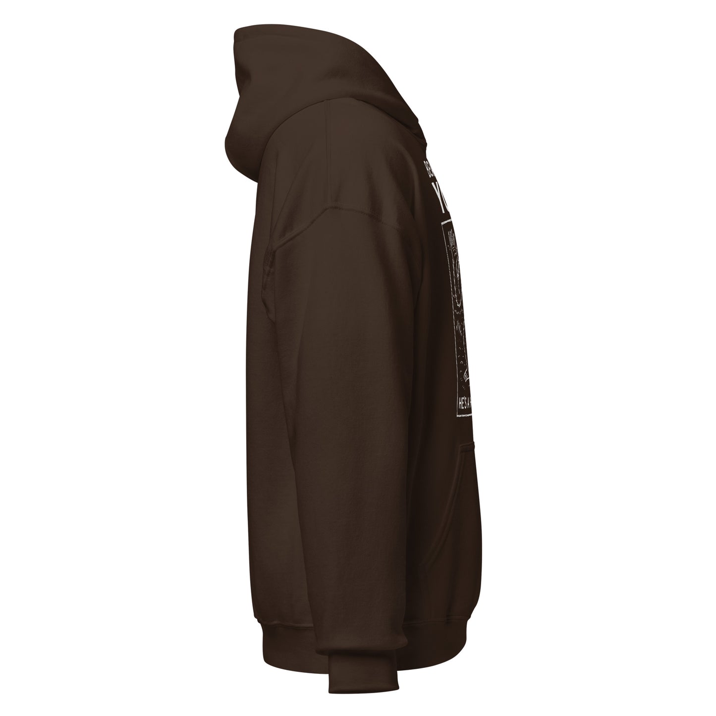Chocolate brown hoodie right view highlighting Yowie silhouette and moon detail