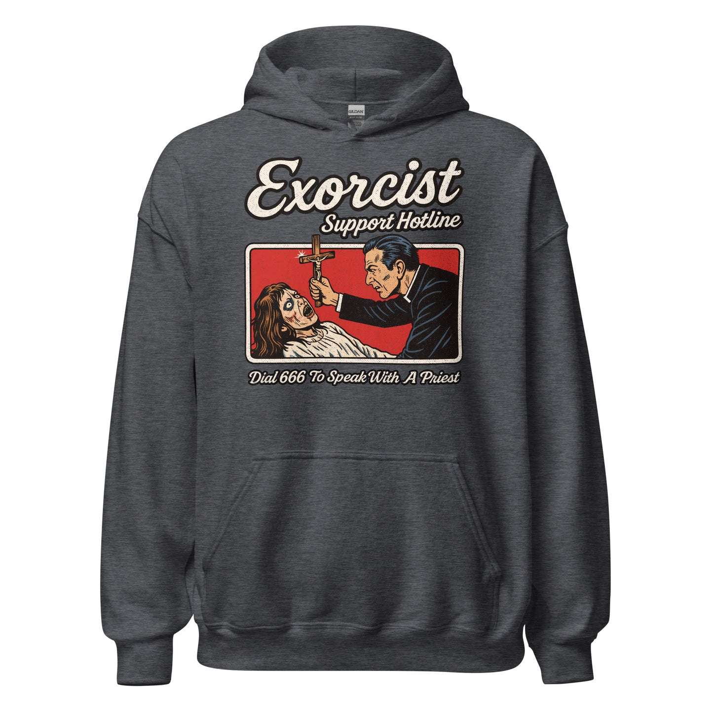 Front of dark heather grey hoodie with white and red exorcist hotline vintage artwork. By Strange & Twisted.