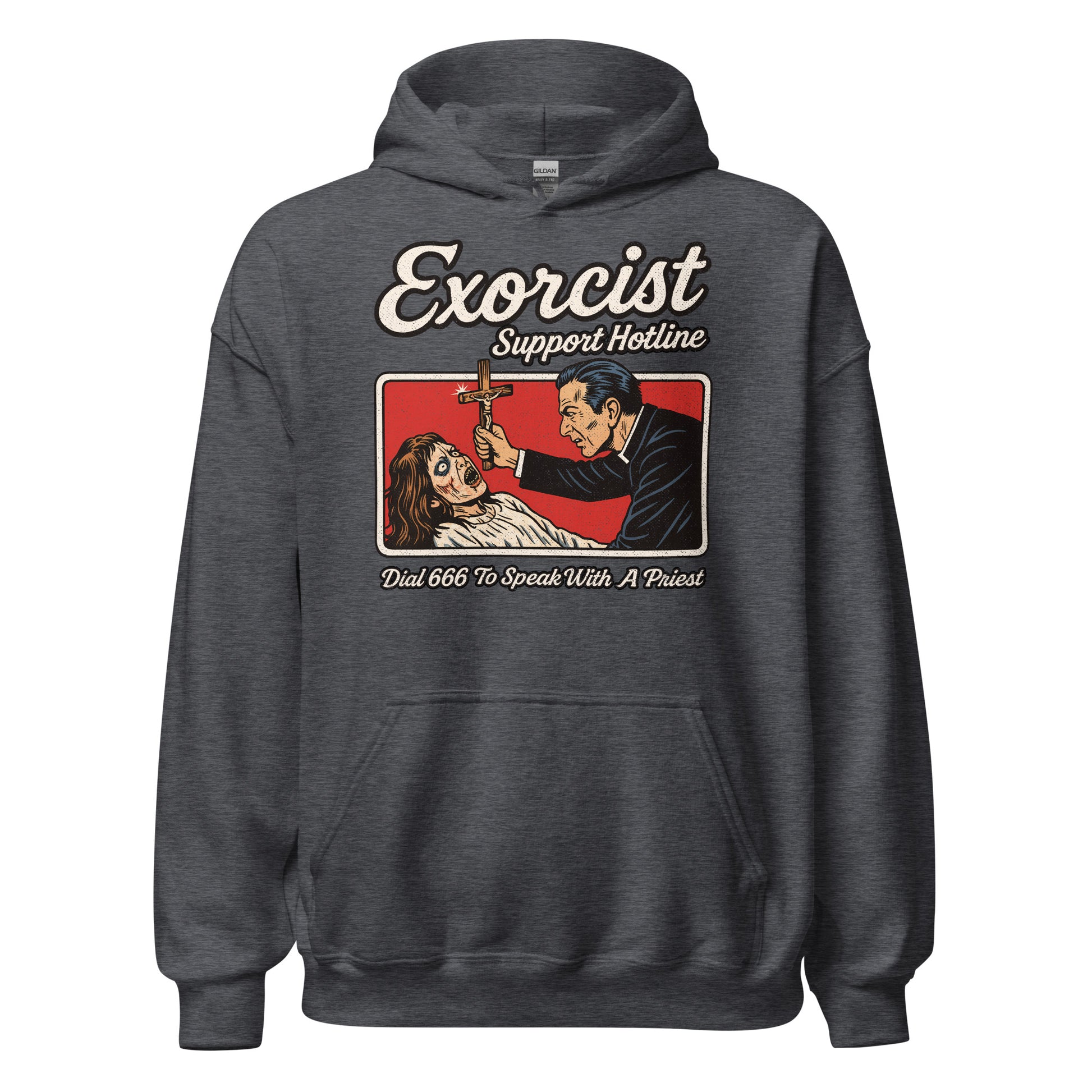 Front of dark heather grey hoodie with white and red exorcist hotline vintage artwork. By Strange & Twisted.