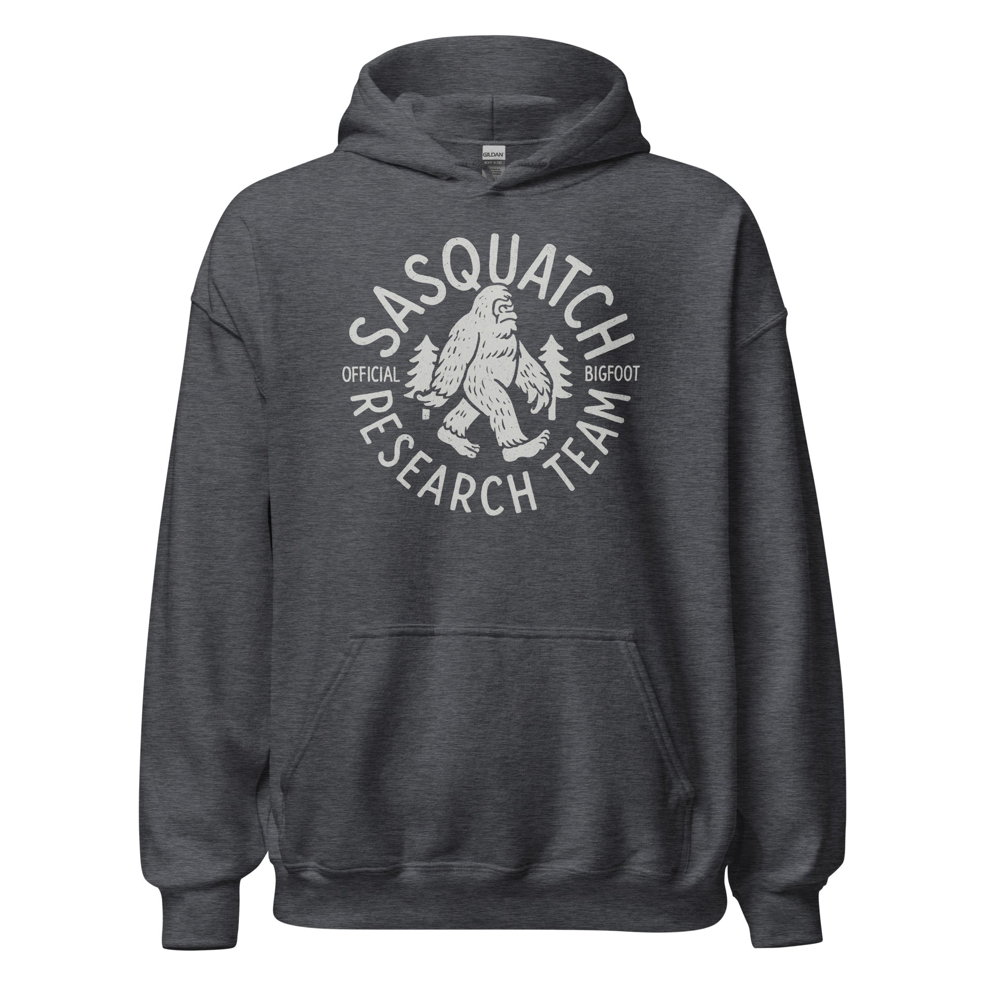 Dark heather hoodie with Sasquatch Research Team design in light grey, Bigfoot and trees inside circular badge, By Strange & Twisted