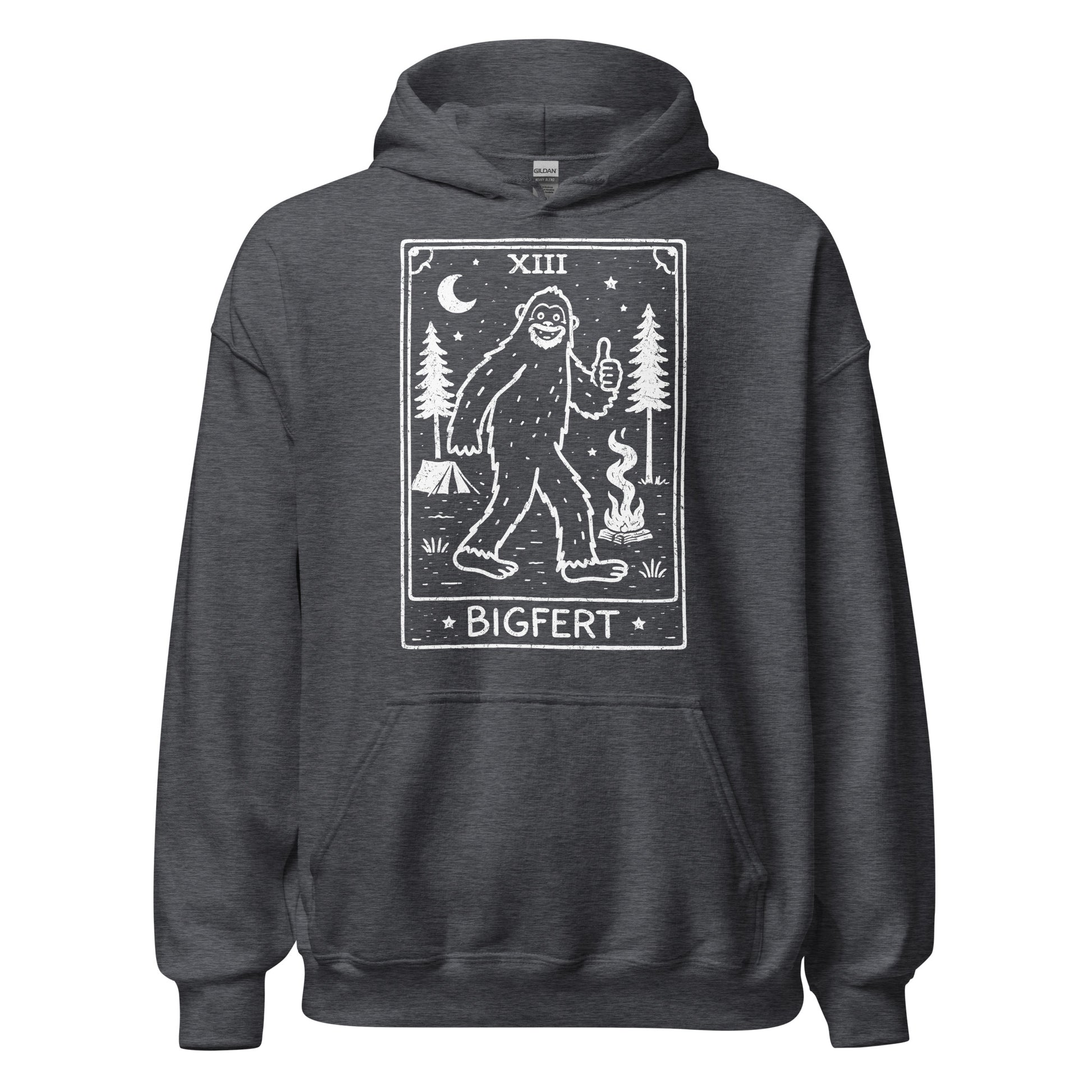 Dark gray hoodie with a graphic of Bigfoot in a tarot card style and text on a white background