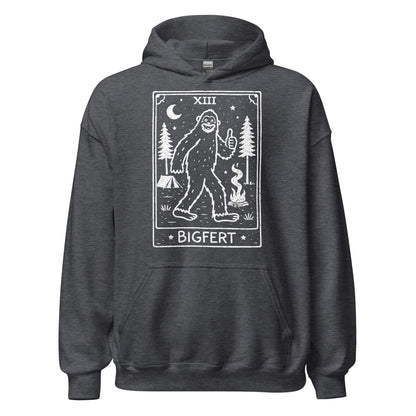 Dark gray hoodie with a graphic of Bigfoot in a tarot card style and text on a white background