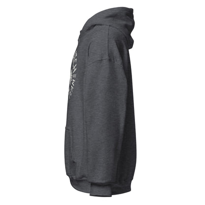 Dark heather hoodie left profile showing sleeve texture, hood shape and partial design, By Strange & Twisted