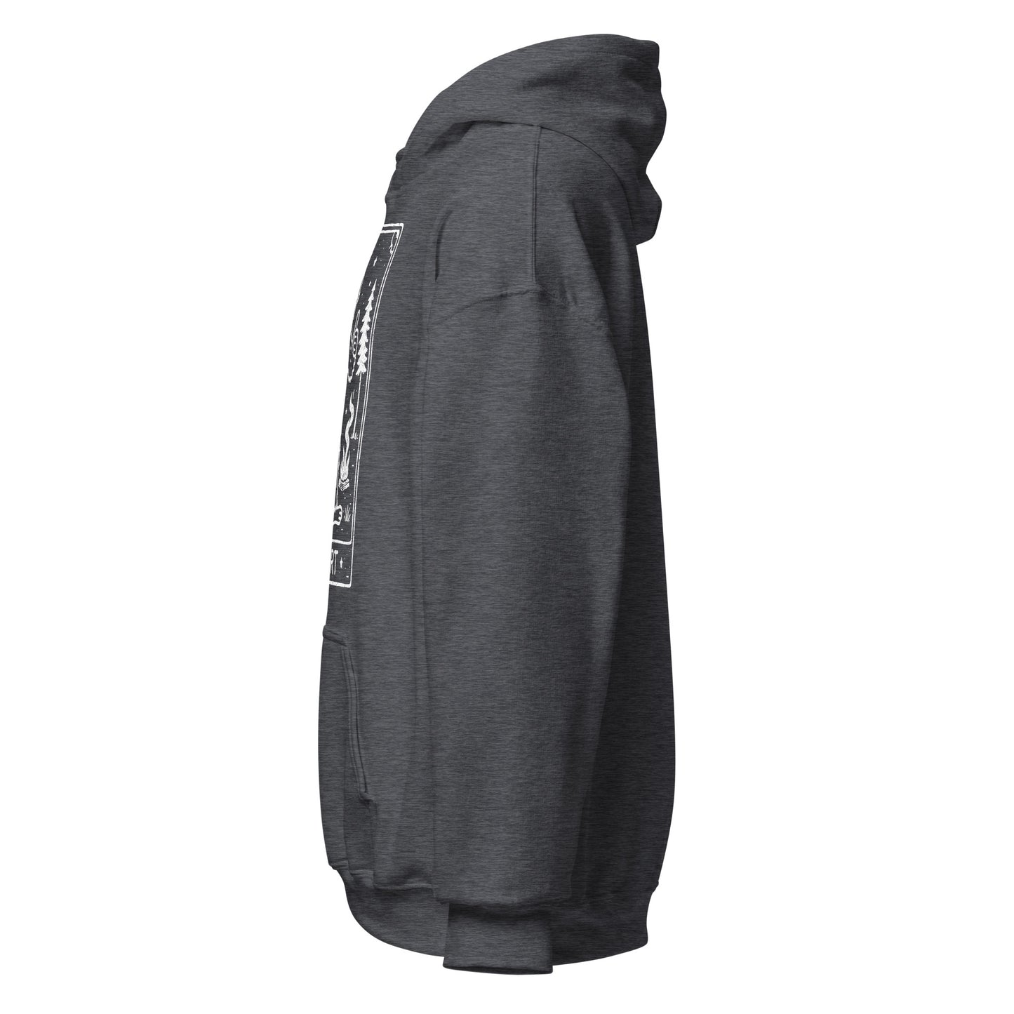 Dark gray hoodie with a small white logo on the chest against a white background