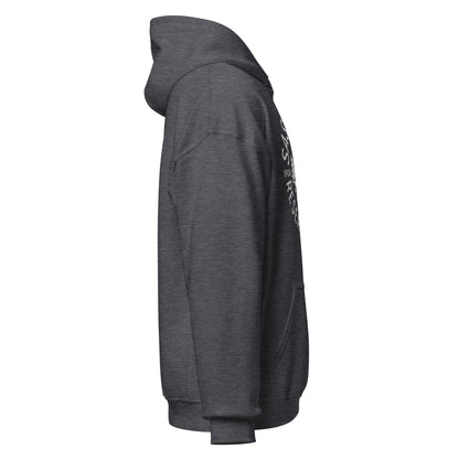 Dark heather hoodie right profile with sleeve and hood visible, slight view of chest emblem, By Strange & Twisted