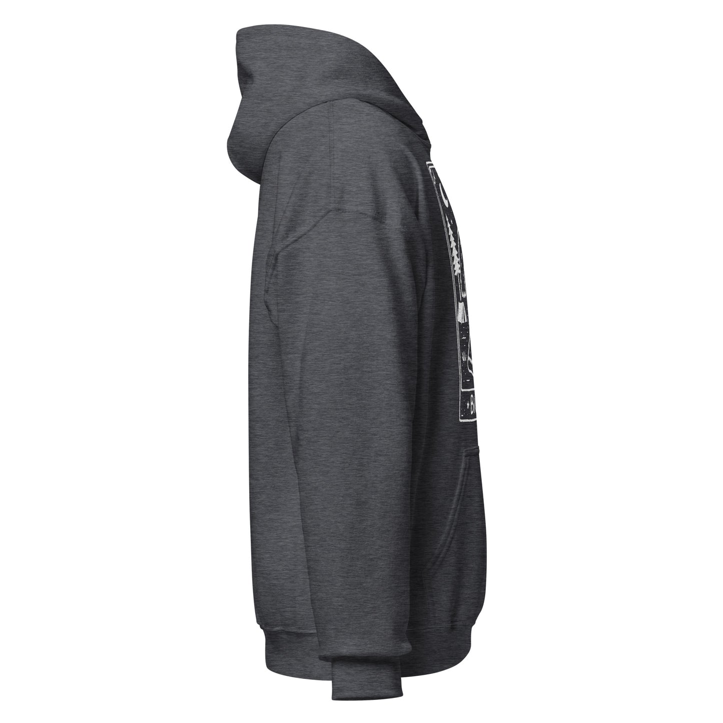 Gray hoodie with a logo on the sleeve against a white background