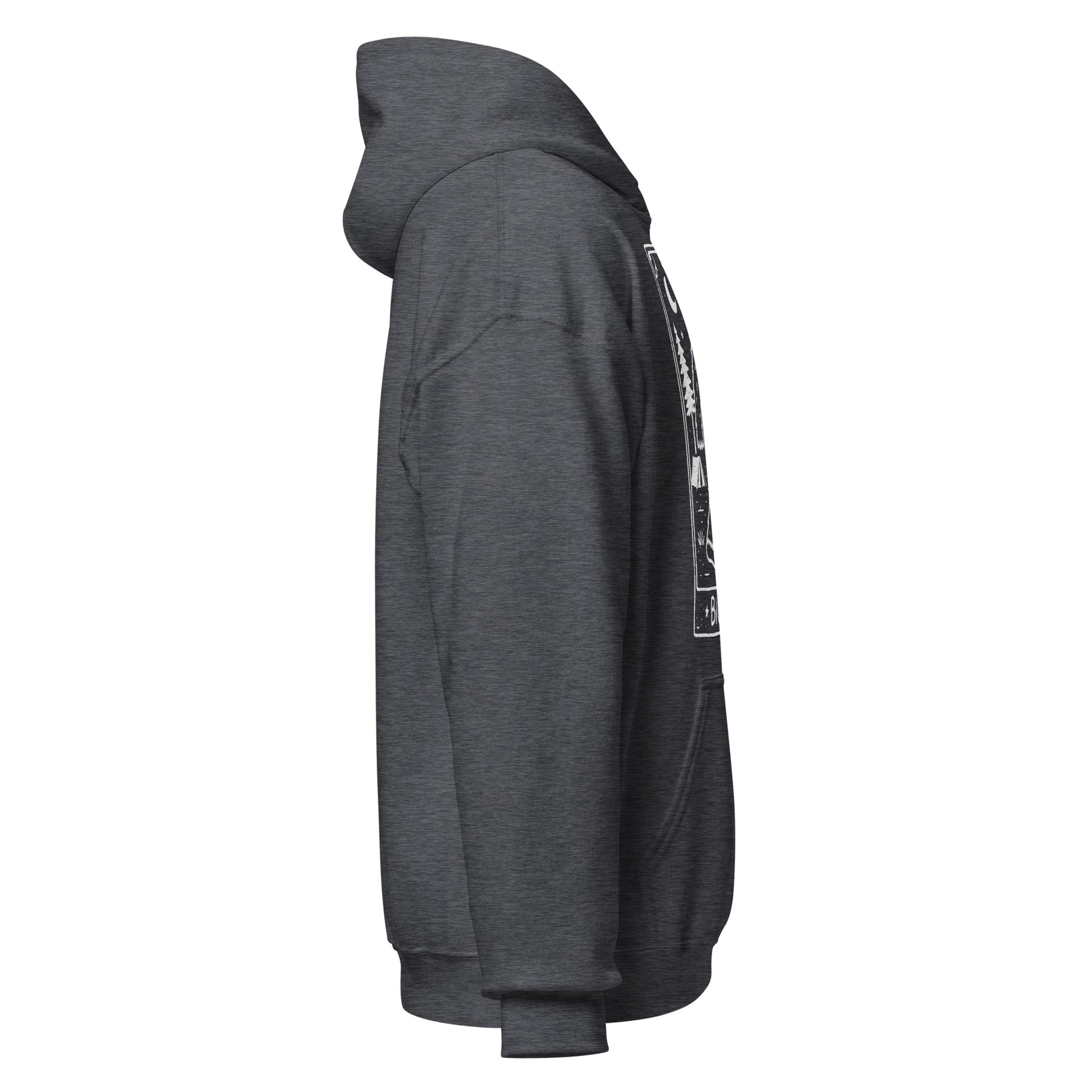 Gray hoodie with a logo on the sleeve against a white background