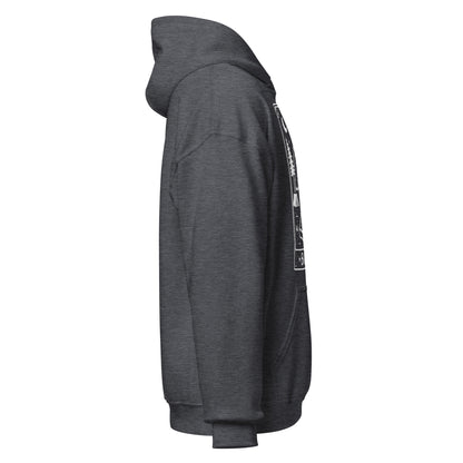 Gray hoodie with a logo on the sleeve against a white background