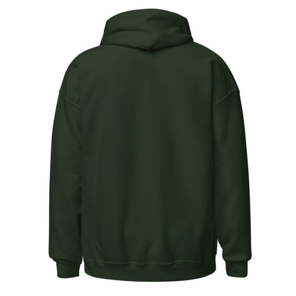 Back of forest green hoodie with plain green fabric.