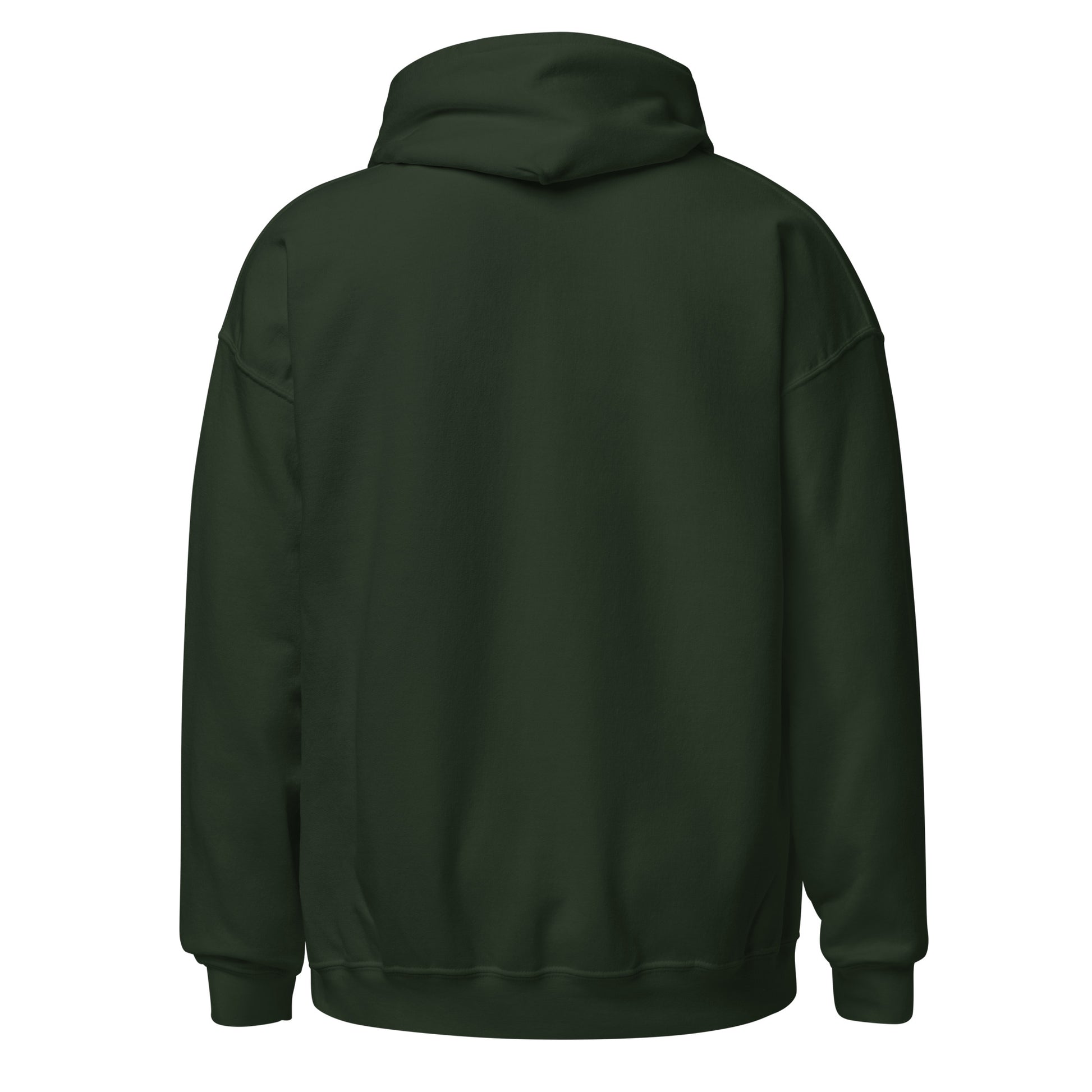 Back view of a forest green hoodie showing uninterrupted fabric and hood shape with no visible print.