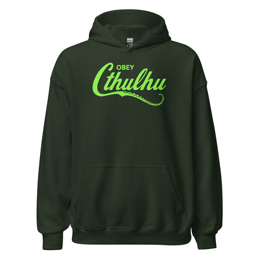 Forest green hoodie with neon green Obey Cthulhu artwork, By Strange and Twisted mockup