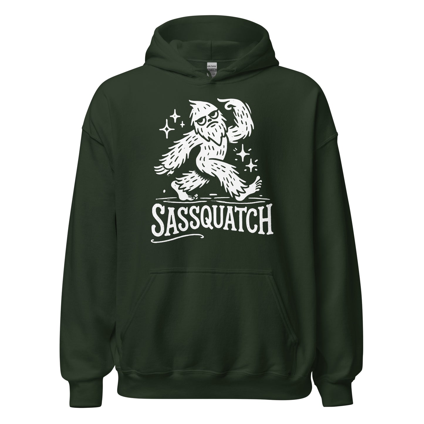 Forest green hoodie showing a white illustrated Bigfoot character with sparkles and bold Sassquatch text.