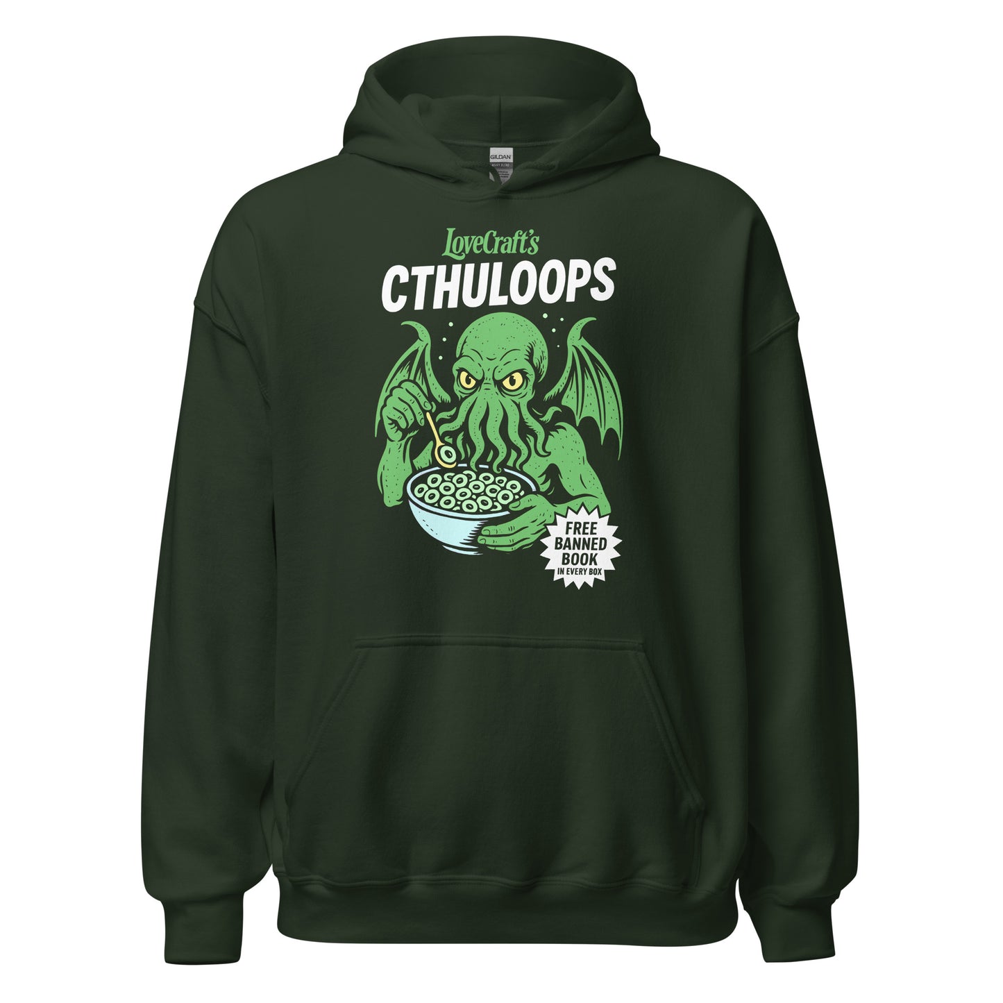 Forest green hoodie displaying a bold Cthuloops illustration of Cthulhu holding a cereal bowl in a playful cartoon style.