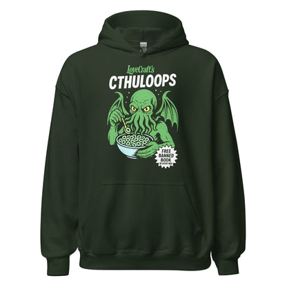 Forest green hoodie displaying a bold Cthuloops illustration of Cthulhu holding a cereal bowl in a playful cartoon style.