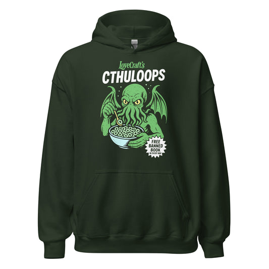 Forest green hoodie displaying a bold Cthuloops illustration of Cthulhu holding a cereal bowl in a playful cartoon style.