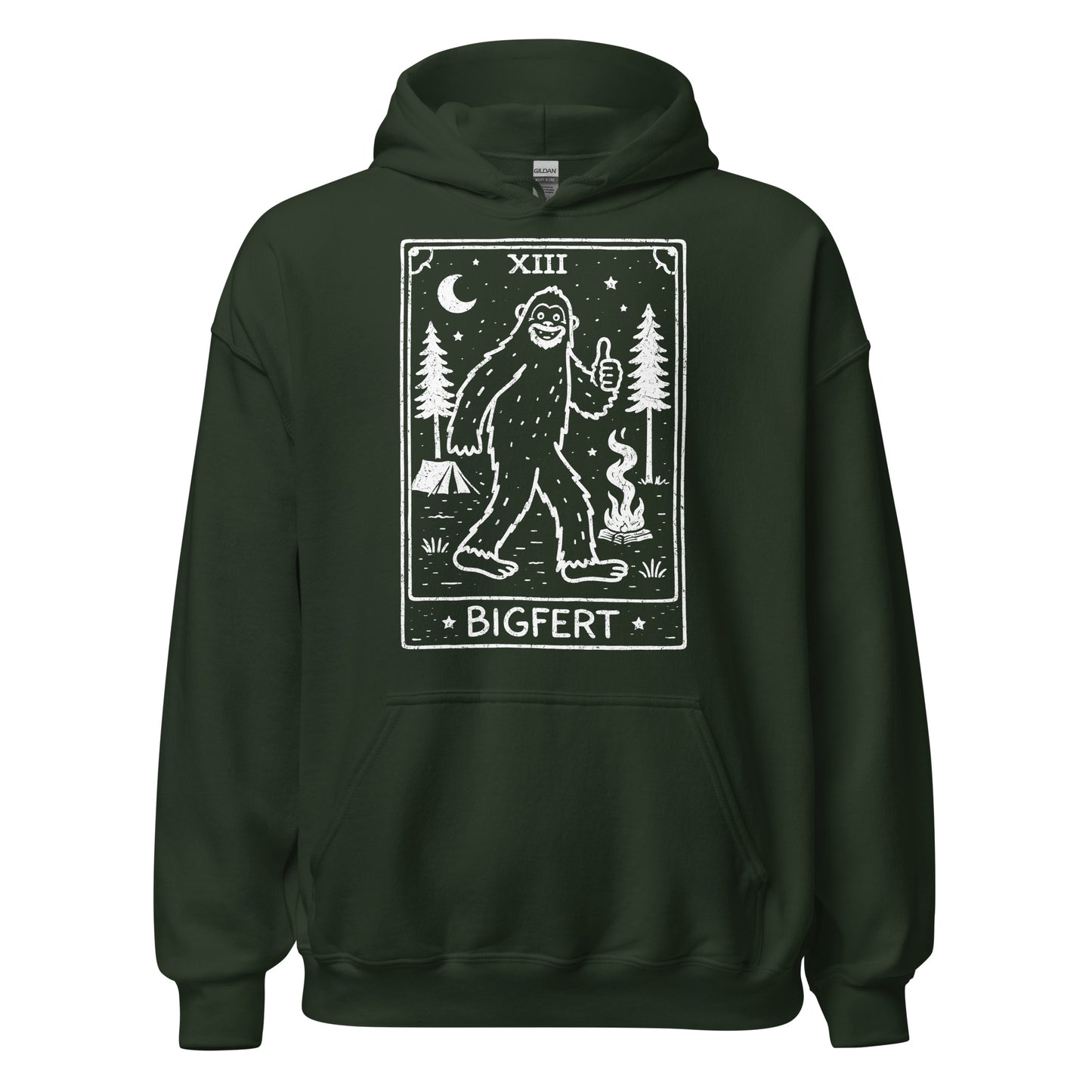 Dark green hoodie with a white Bigfoot graphic design on a white background
