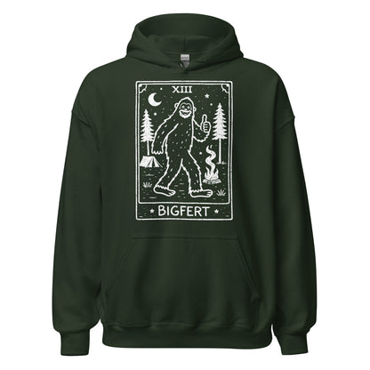 Dark green hoodie with a white Bigfoot graphic design on a white background