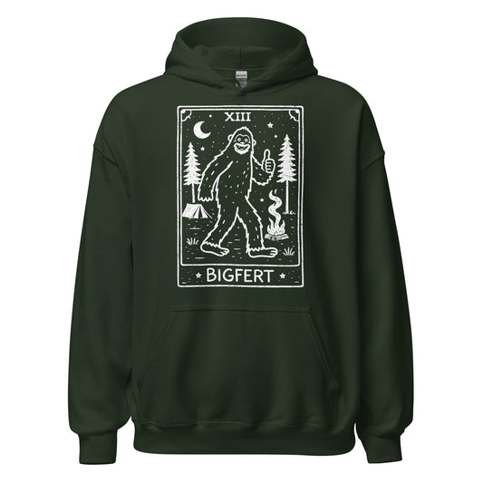 Dark green hoodie with a white Bigfoot graphic design on a white background