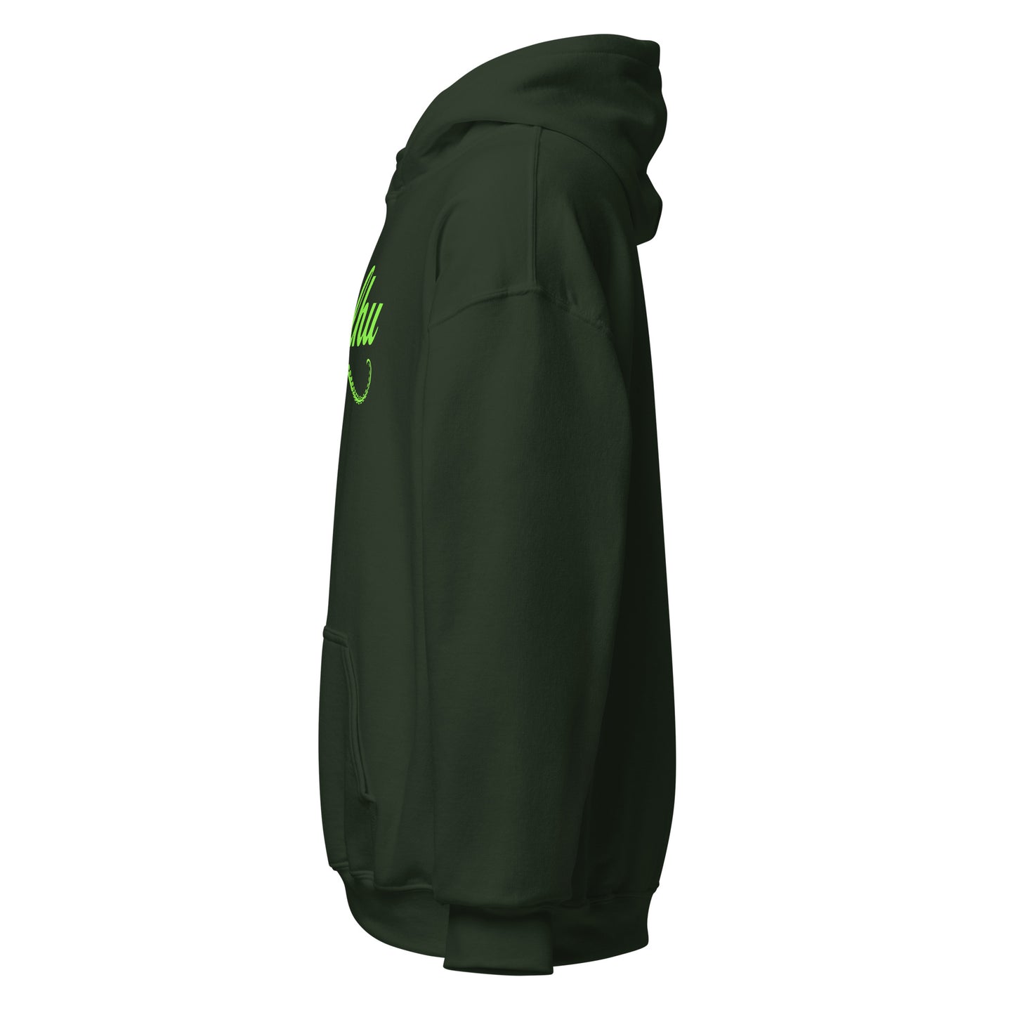 Left side forest green hoodie showing script design, By Strange and Twisted