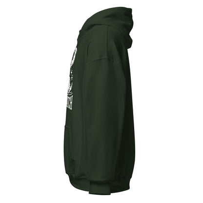 Left side view of forest green hoodie showing sleeve curve and part of the Sasquatch figure.