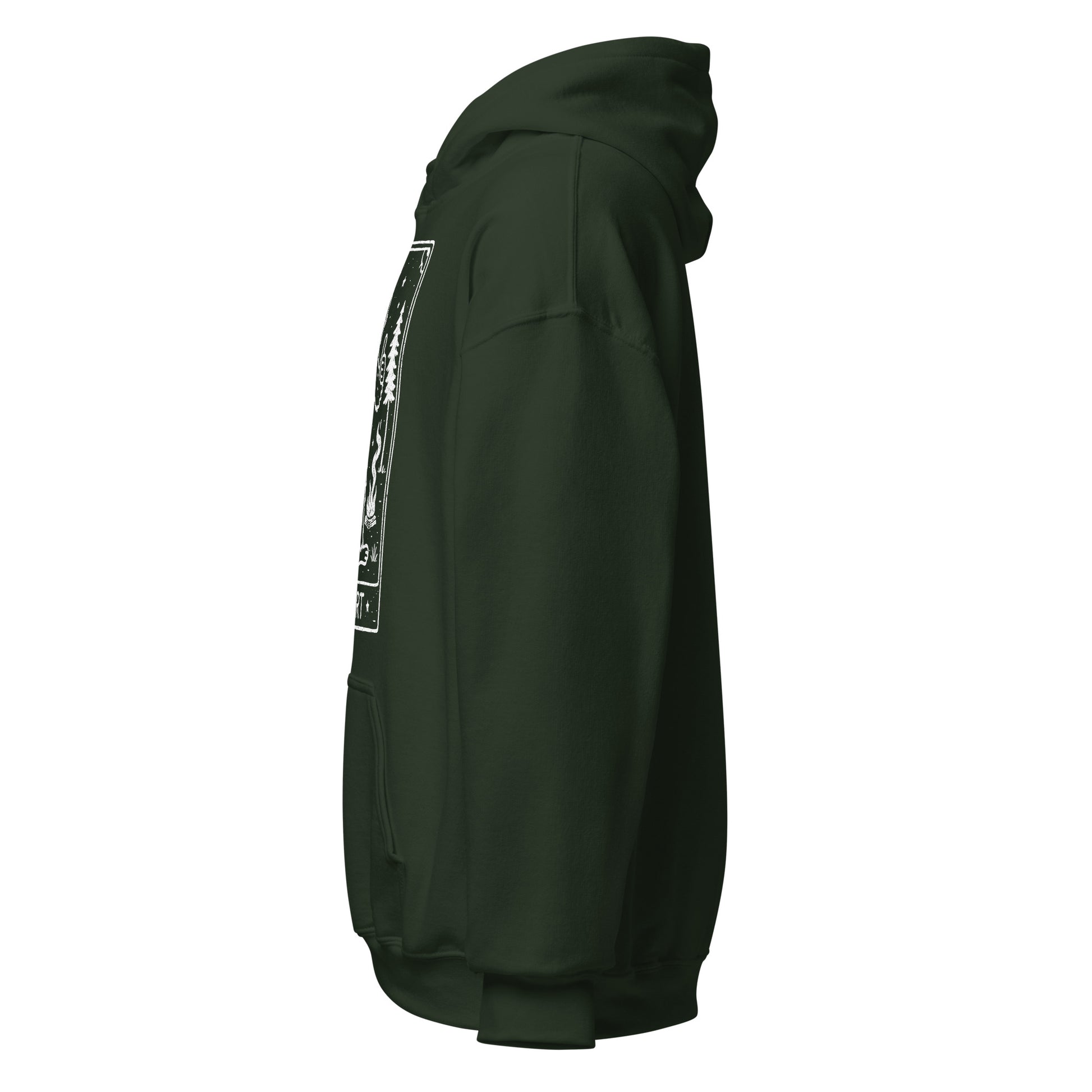 Dark green hoodie with a white graphic on the sleeve against a white background