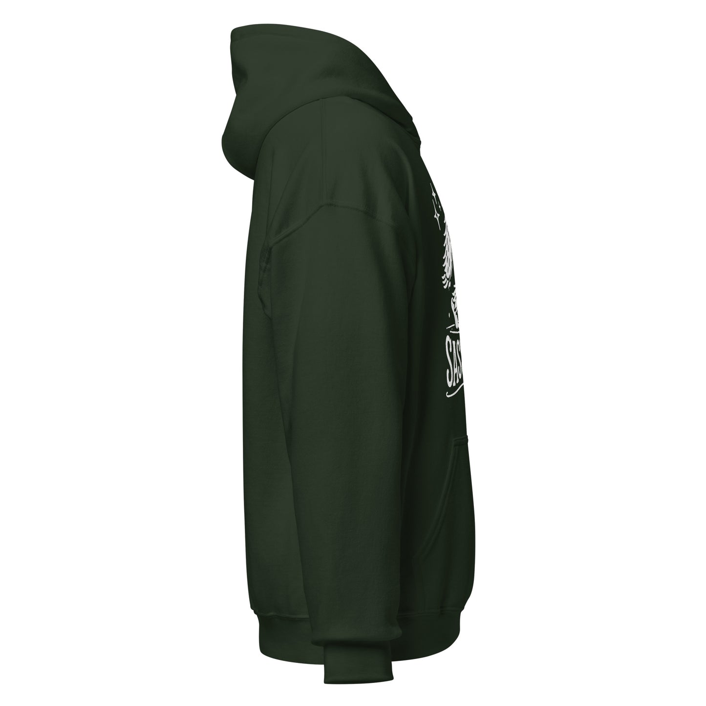 Right side view of forest green hoodie showing side seam and partial text detail.