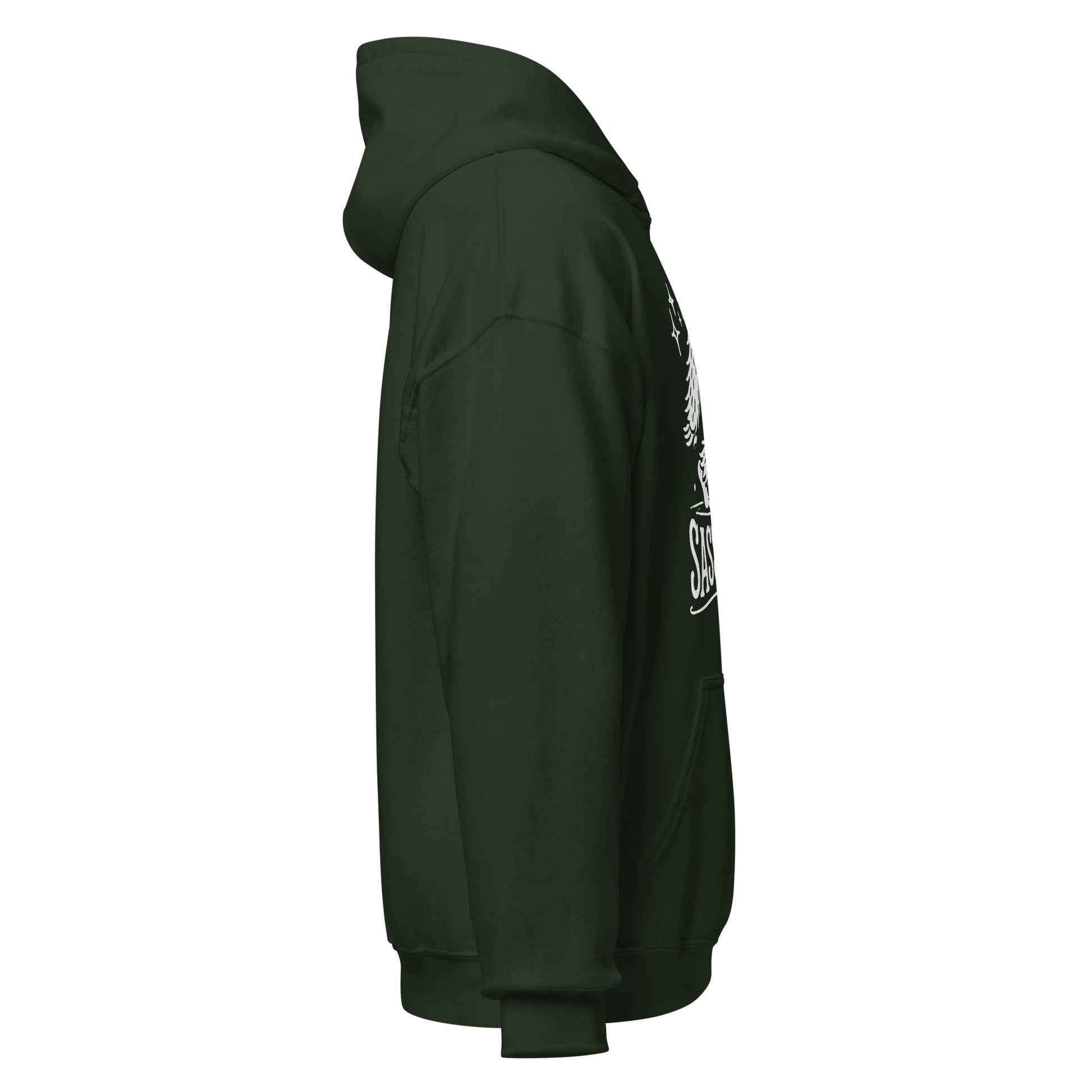Right side view of forest green hoodie showing side seam and partial text detail.