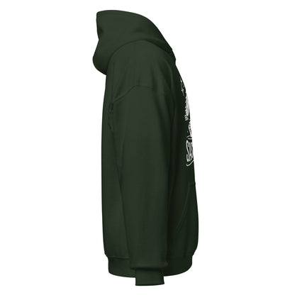 Right side view of forest green hoodie showing side seam and partial text detail.