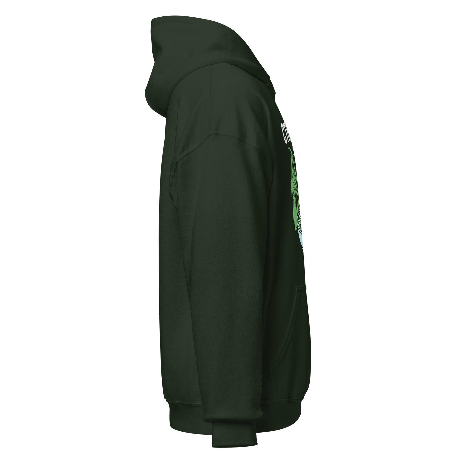 Right profile of a forest green hoodie showing side seam detail and a small portion of the Cthuloops design.